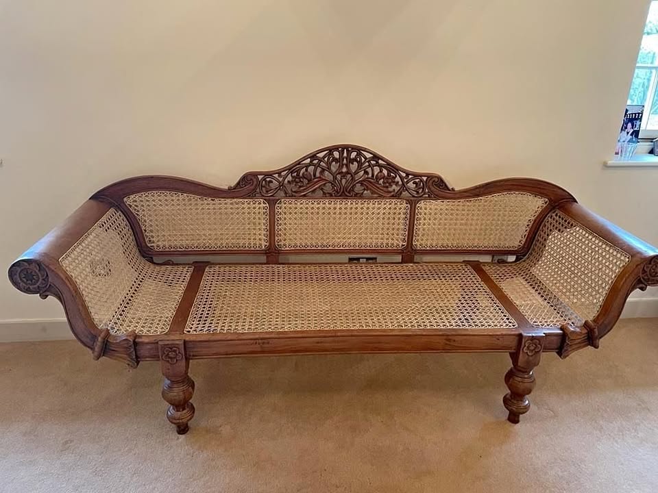 Antique Hardwood and Wicker Sofa Bench